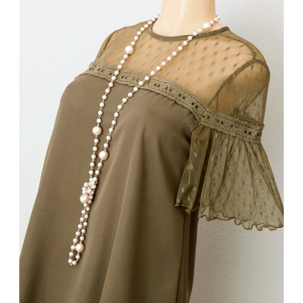 Olive Green Polka Dot Mesh Yoke Ruffle Shift Dress - Picture 2 of 8
